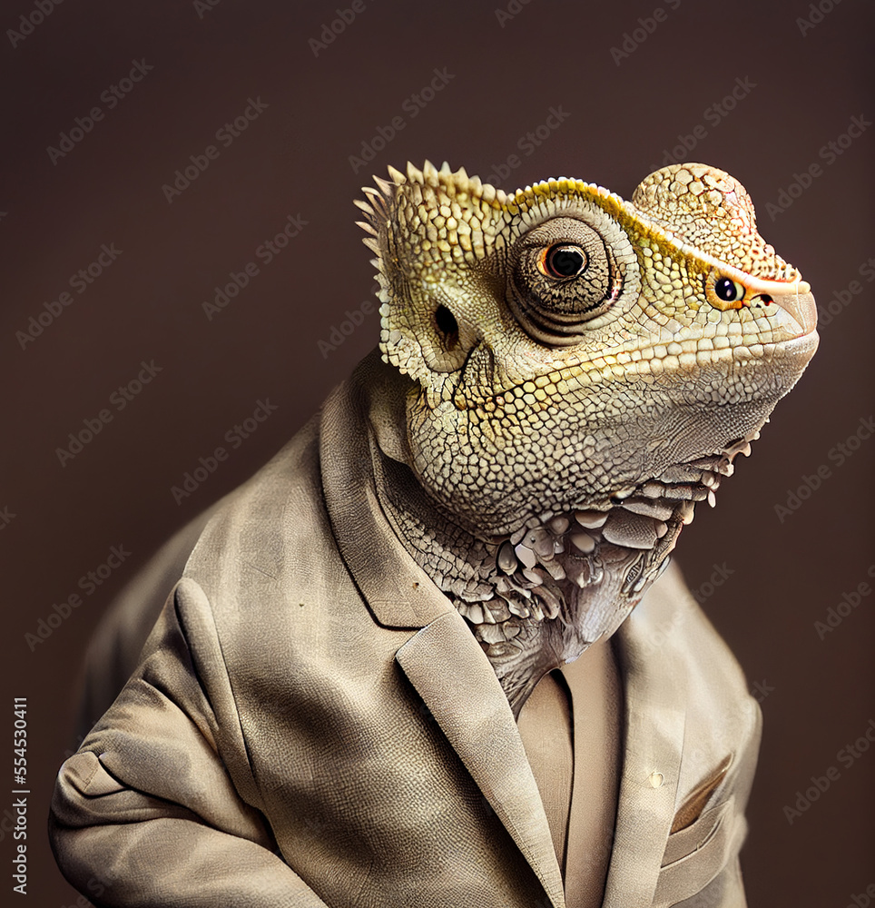 chameleon portrait in beige suit