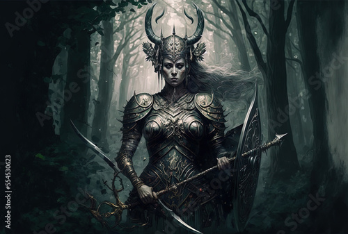 She is a valkyrie wearing a horned helmet with a shield and a spear, protector of a sinister knight guarding an old woodland with holy trees, charging into war. Generative AI