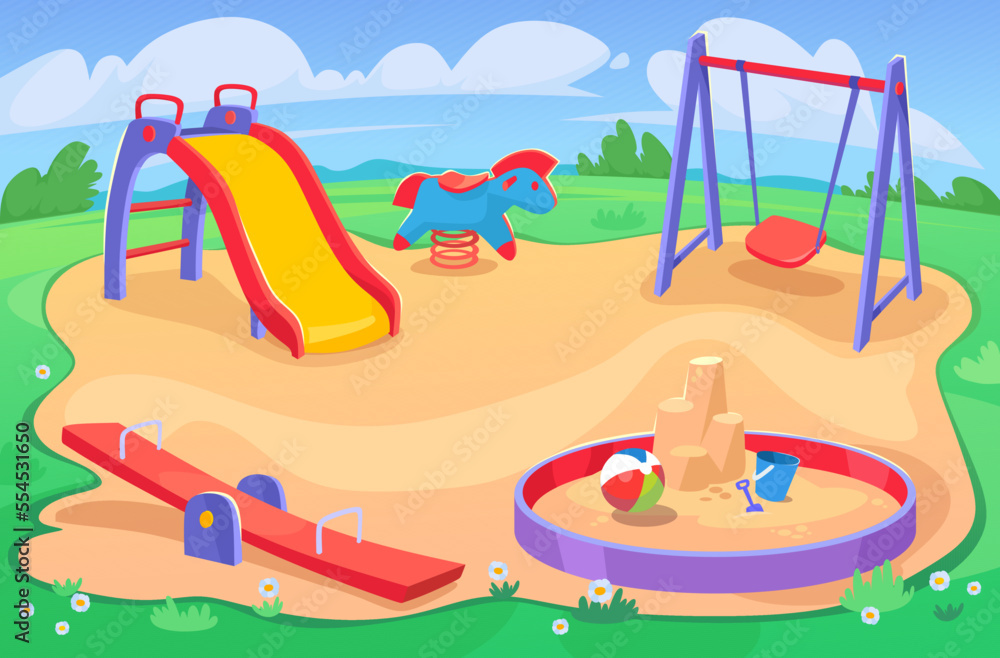 Playground in a park in summer with no kids. Playing equipment outside  kindergarten or school: seesaw, sandbox, swing, slide — cartoon background.  Vector illustration of a play area for children. Stock Vector |