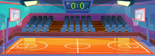 Basketball court interior with game score count. Empty school or college gym with wooden floor, seats, ball hoops, spotlight and scoreboard, ready for a championship. Cartoon style vector background.