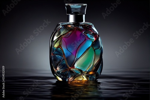  a colorful glass bottle with a black top on a table with a black background and a reflection of the bottle. Generative AI