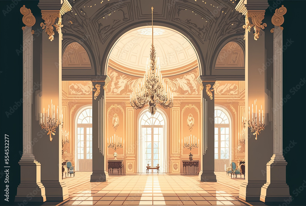 Illustration of a traditional ballroom, castle hall, arch window, and