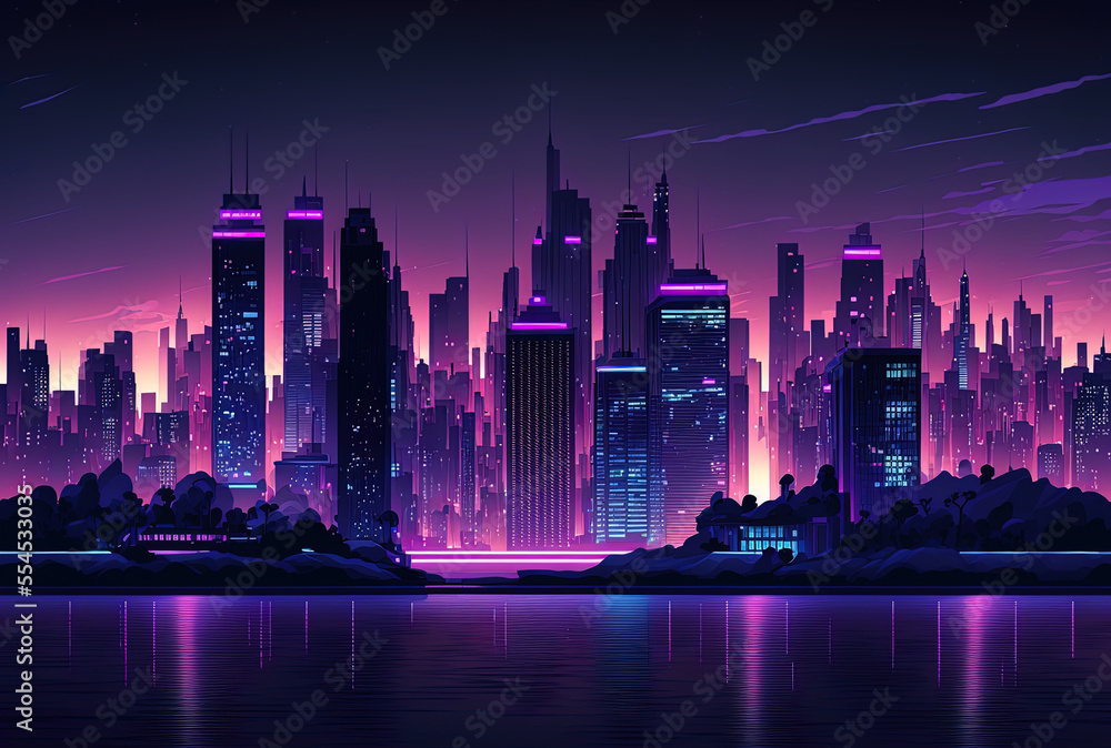 A nighttime cityscape in the modern day. Illustration of a metropolitan  skyline with neon lit skyscrapers and buildings on the seashore. core  commercial district of the city. Generative AI Stock Illustration