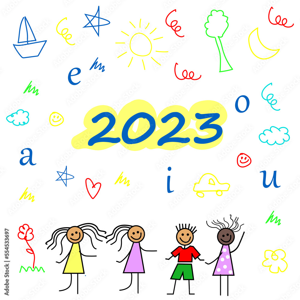 Vector and illustration of new year 2023 with handwritten letters, and children's doodles and children's drawings. Vector and illustration of new year 2023 with handwritten letters, and children's doodles and children's drawings.