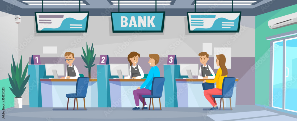 Bank office interior design with customers, a man, and a woman, sitting at teller's desk. The finance department works with clients. Money deposit or withdrawal. Cartoon style vector illustration.
