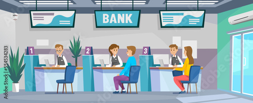 Bank office interior design with customers, a man, and a woman, sitting at teller's desk. The finance department works with clients. Money deposit or withdrawal. Cartoon style vector illustration.