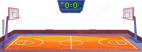 Basketball court with a scoreboard on white background. Sport championship in school or university. A score of a competition. Side view of a gymnasium. Cartoon style vector illustration.