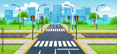 Empty city crossroad with a crosswalk and traffic light. Landscape view on a road crossing and modern buildings. Background for a driving school. Urban intersection. Cartoon style vector illustration.