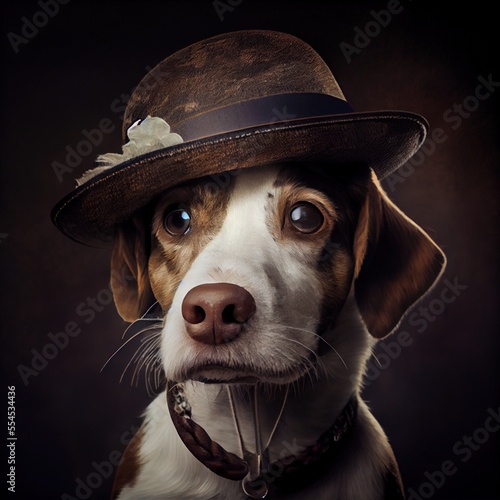 dog portrait, dog wears hat