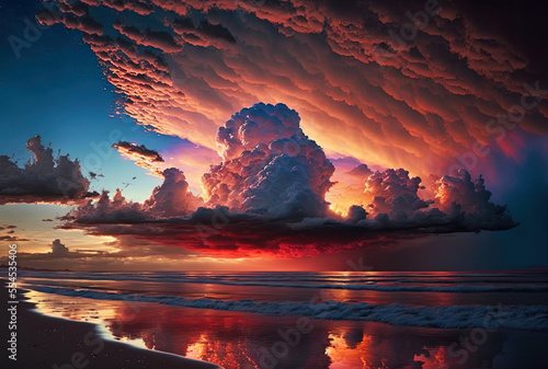 colorful clouds in a cloudscape at sunset close to the ocean. Generative AI © 2rogan