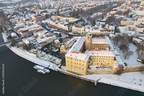 Podebrady castle aerial landscape panorama, Czech republic,Europe, scenic winter aerial cityscape view photo