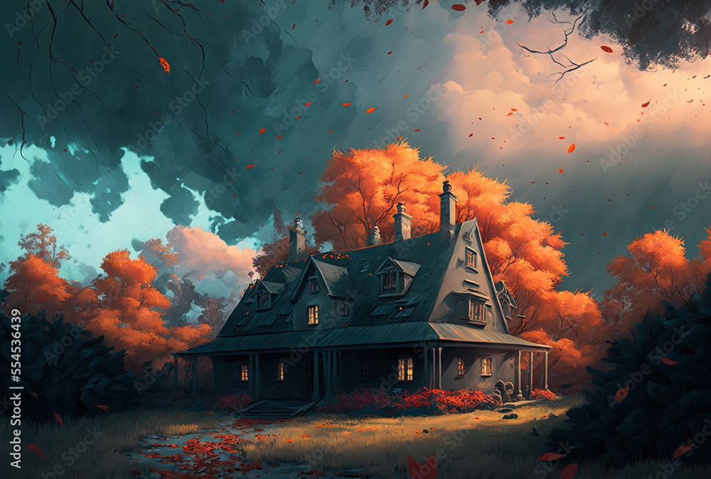 An autumnal sky with dark clouds, a home in the forest, and trees with orange leaf all come together in this scene. Generative AI
