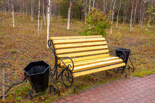 City yellow wooden bench on the street in the autumn park