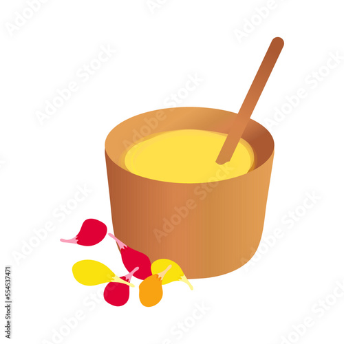 Ghee butter in wooden cup vector illustration isolated on white background. Asian clarified oil Traditional Indian cooking ingredient. Clip art element with flower petals