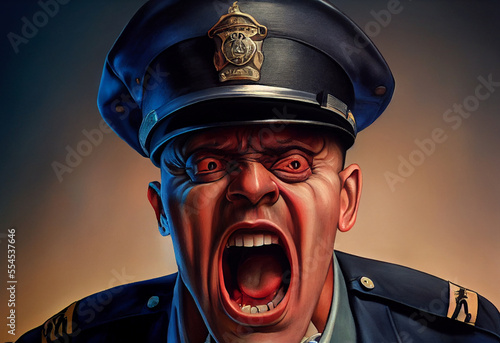 Obraz na płótnie Portrait of crazy aggressive policeman. Bad cop.