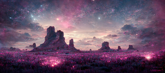 Leinwandbilder Aubergine illustration of an abstract fantasy landscape in pink with night sky with bright stars, glowing earth around mountains  © Claudia Nass