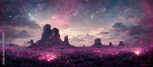 illustration of an abstract fantasy landscape in pink with night sky with bright stars, glowing earth around mountains