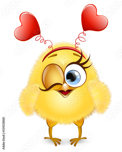 Cute cartoon little yellow chick girl winks with red hearts on headband