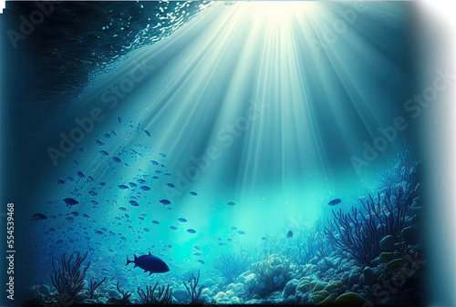 Sunrays in the ocean, abstract backdrop, bright day, scuba reef, and blue sea. Generative AI