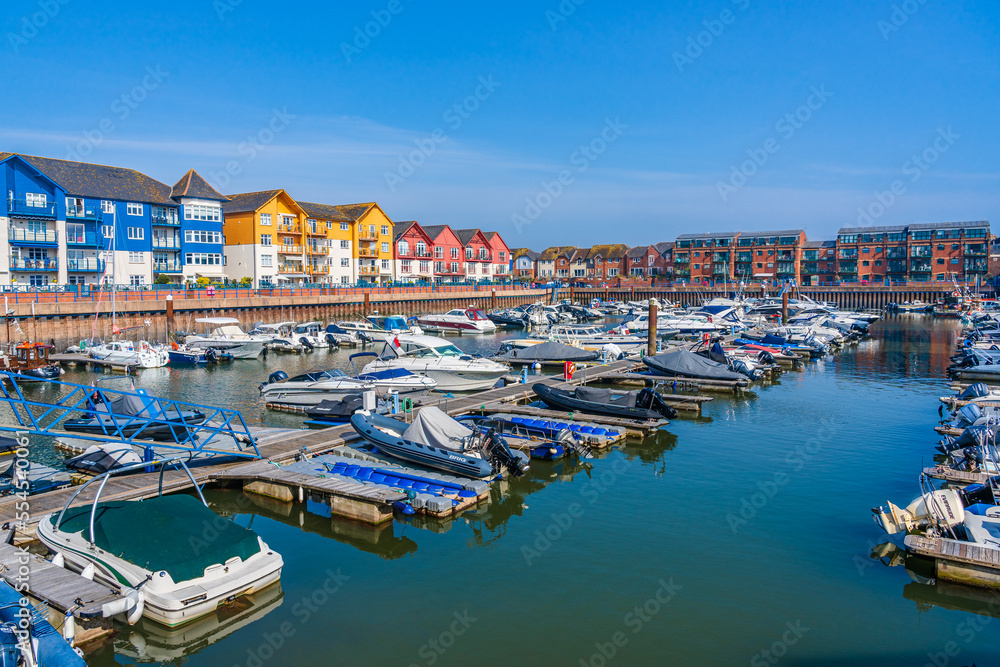 Exmouth, Devon, England, UK - April 2022: Colorful houses in the Exmouth Marina