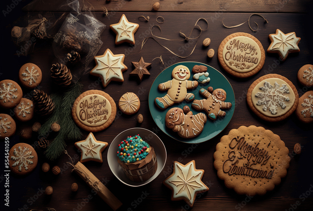 On a wooden table background, happy holidays with handmade cookies. Happy New Year, Xmas, party, and holiday concept. Generative AI On a wooden table background, happy holidays with handmade cookies. Happy New Year, Xmas, party, and holiday concept. Generative AI