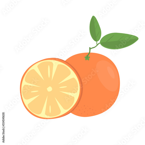 Image of an orange slice and a whole fruit with leaves on a white background
