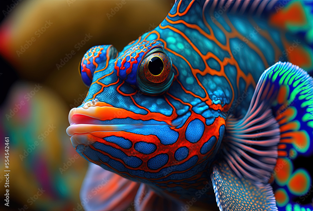 Mandarin fish in closeup, beautiful color. Generative AI Stock