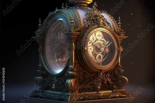 Antique antique watch mechanisms. Engineering mechanical background with dial and arrows, gears. AI