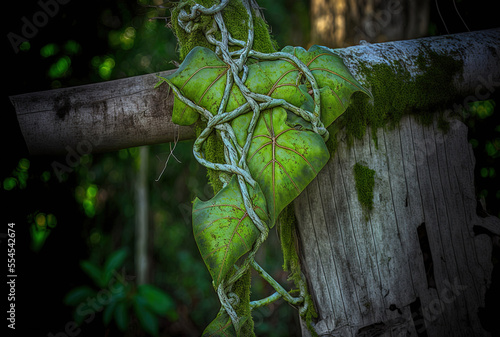 Florida Ghost philodendron aerial root climbing on moss pole. Ghost Mint Florida Philodendron. Generative AI photo