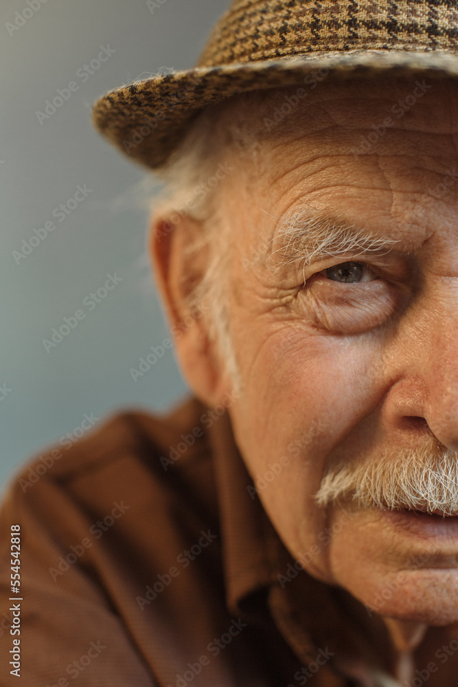 Close up. Thoughtful portrait of a gray-haired old man. Close up. Thoughtful portrait of a gray-haired old man.