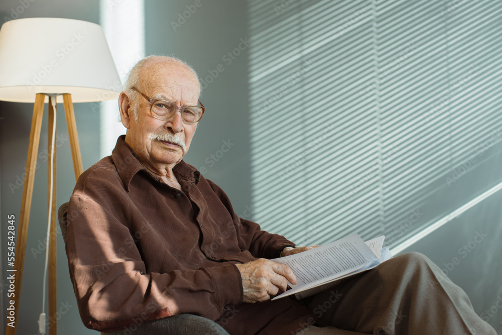 Senior man sitting alone on armchair in living room wearing glasses and holding book, looking thoughtfully at camera Senior man sitting alone on armchair in living room wearing glasses and holding book, looking thoughtfully at camera