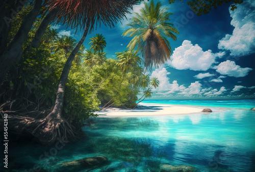 island beach of the Maldives. a tropical paradise with a lagoon and palm palms at the shore. awesome scenery. Generative AI