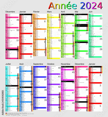 Calendrier 2024, calques, vacances scolaires, Saints, 14 mois