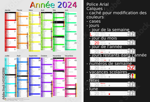 Calendrier 2024, calques, vacances scolaires, Saints, 12 mois