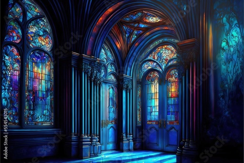 The majestic interior of an old hall with large stained-glass multi-colored windows to the floor. Antique corridor  neon  light through the windows. AI