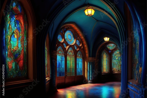 The majestic interior of an old hall with large stained-glass multi-colored windows to the floor. Antique corridor, neon, light through the windows. AI