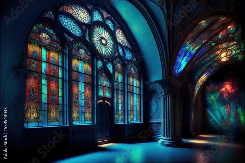 The majestic interior of an old hall with large stained-glass multi-colored windows to the floor. Antique corridor  neon  light through the windows. AI