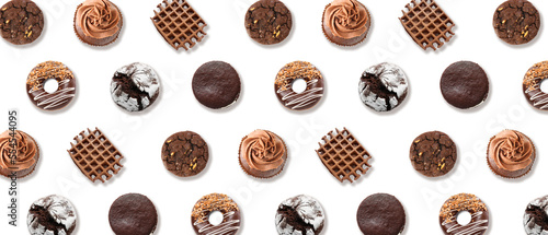 Different sweet chocolate pastries on white background. Pattern for design
