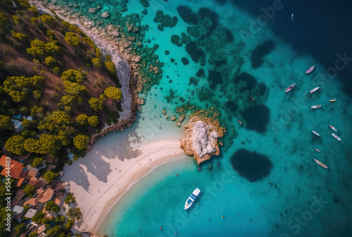 Aerial image of the blue beaches at Selce and Poli Mora in Croatia's Crikvenica Riviera. Generative AI photo