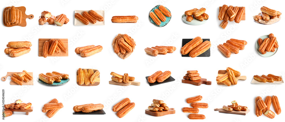 Set of many sweet eclairs isolated on white
