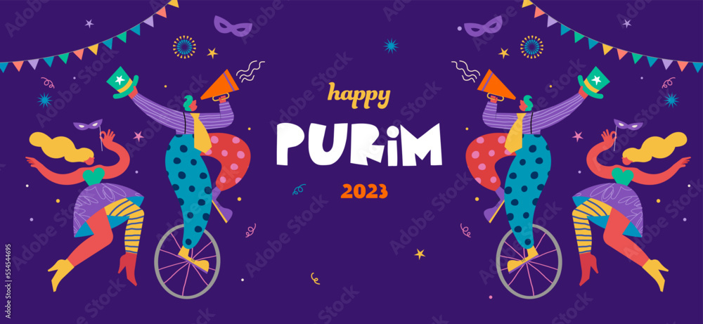 Fototapeta premium Happy Purim - Jewish holiday, Carnival. Colorful geometric background with abstract people, clowns, musicians, dancers