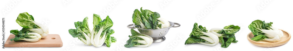 Collage of fresh pak choi cabbage on white background - obrazy, fototapety, plakaty 