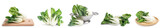 Collage of fresh pak choi cabbage on white background