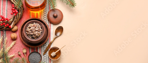 Traditional Ukrainian kutya dish on light background with space for text