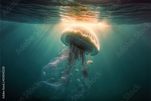 Sea jellyfish on the wave. ...