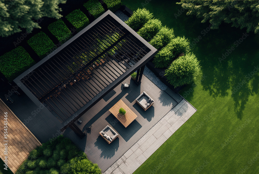 Modern black bio climatic pergola with top view on an outdoor patio. Teak wood flooring, a pool, and lounge chairs. green grass and trees in a garden. Generative AI - obrazy, fototapety, plakaty 