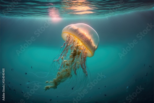 Sea jellyfish on the wave. Underwater world, floating jellyfish in the depths of the ocean. AI