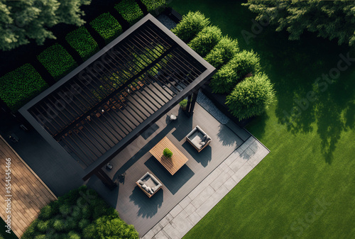 Fotomurale Modern black bio climatic pergola with top view on an outdoor patio