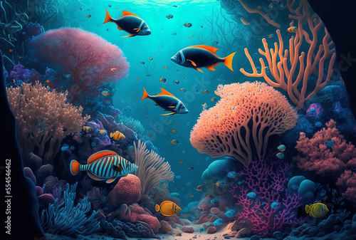 Stunning underwater environment with corals and tropical fish. Generative AI