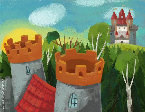 Cartoon nature scene with beautiful castle near the forest illustration